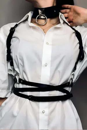 Siyah Suni Deri Metal Halka Detaylı Bel Kemeri ve Choker Tasma Seti