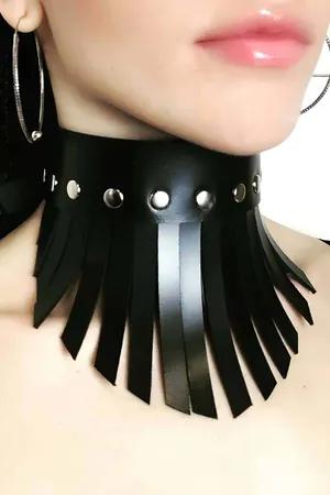 Black Faux Leather Fringe Collar Choker with Silver Rivets
