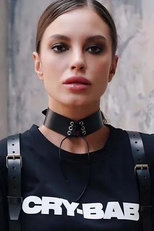 Black faux leather lace-up choker with silver eyelets