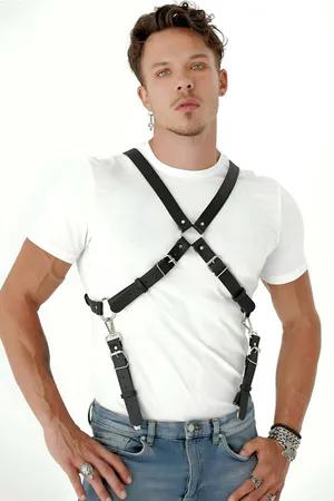 Black faux leather adjustable suspender harness with silver metal clips and buckles