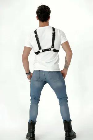 Black faux leather adjustable suspender harness with silver metal clips and buckles