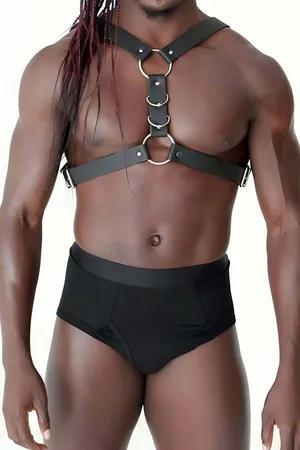 Black Faux Leather Men's Chest Harness with Three Silver O-Rings Adjustable Straps