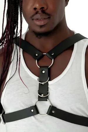 Black Faux Leather Men's Chest Harness with Three Silver O-Rings Adjustable Straps