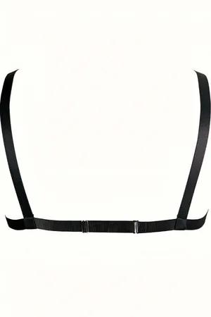 Black faux leather body harness with silver chains and O-rings
