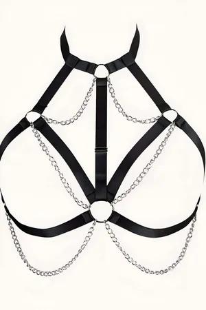 Black faux leather body harness with silver chains and O-rings