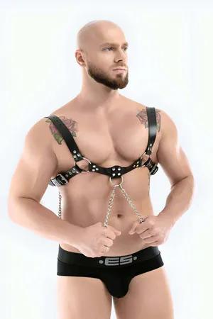 Black Faux Leather Bulldog Chest Harness with Draping Silver Chains