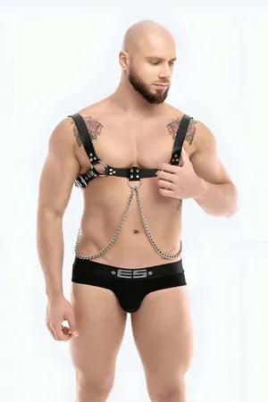 Black Faux Leather Bulldog Chest Harness with Draping Silver Chains