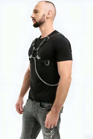 Black Faux Leather Chest Harness Men Adjustable Straps Silver O-Ring Chain