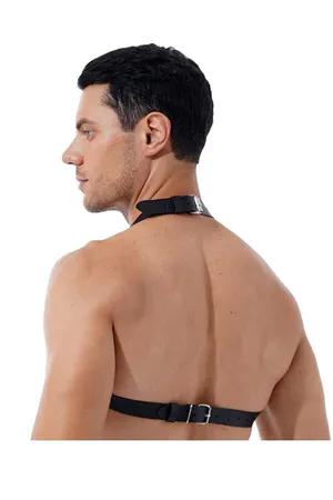 Black Faux Leather Chest Harness with Silver O-Ring and Chain Detail