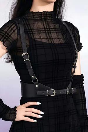 Black Faux Leather Body Harness Women Adjustable Straps Dual Buckle Waist Belt