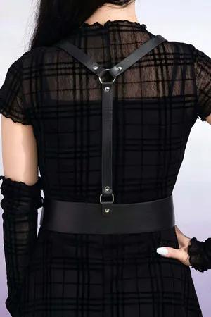 Black Faux Leather Body Harness Women Adjustable Straps Dual Buckle Waist Belt