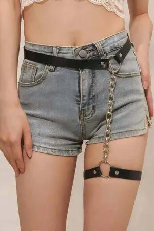 Black Faux Leather Waist Garter Harness Women Adjustable Thigh Strap Silver Chain
