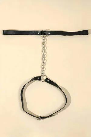 Black Faux Leather Waist Garter Harness Women Adjustable Thigh Strap Silver Chain