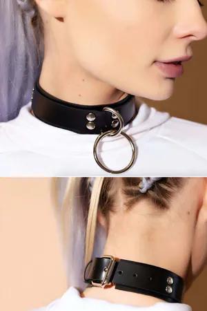 Black Faux Leather O-Ring Choker with Metal Studs