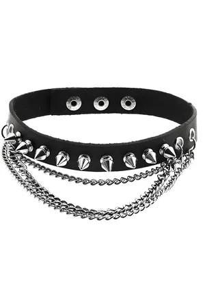 Black Faux Leather Spiked Choker with Layered Chain Detail