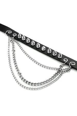 Black Faux Leather Spiked Choker with Layered Chain Detail
