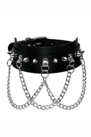 Black faux leather choker with silver spikes and dangling chains