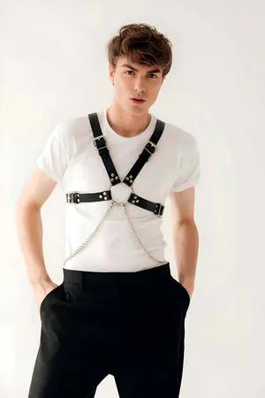 Black Faux Leather Chest Harness with Silver O-Ring and Chain