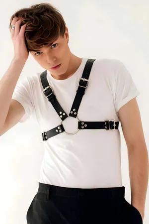 Black Faux Leather Chest Harness with Silver O-Ring and Chain