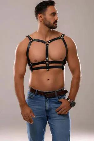 Black faux leather chest harness with adjustable straps and gunmetal hardware