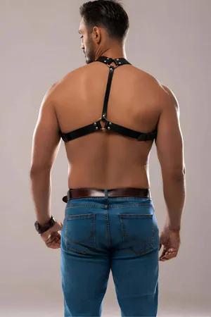 Black adjustable faux leather chest harness with O-ring and silver hardware