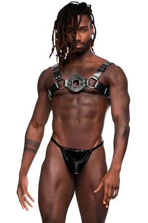 Black Faux Leather Harness with Center O-Ring Detail and Adjustable Straps
