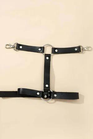 Black Faux Leather Single Leg Garter Harness Women Adjustable Straps