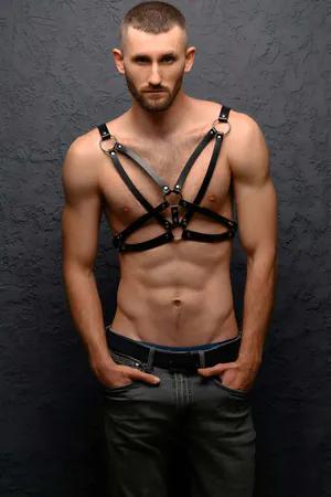 Black Faux Leather Chest Harness with O-Rings