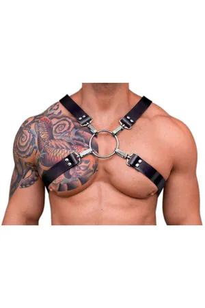 Black Faux Leather X-Strap Body Harness with O-Ring