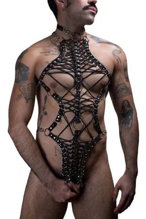 Black Faux Leather Full Body Harness Men Geometric Crisscross Straps O-Ring Closure