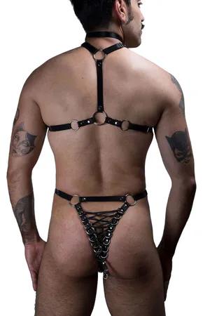 Black Faux Leather Full Body Harness Men Geometric Crisscross Straps O-Ring Closure