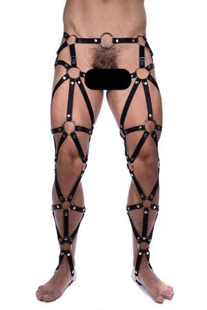 Black Faux Leather Full Leg Harness with O-Ring Accents