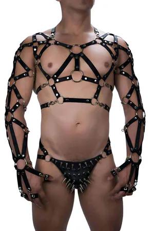 Black Faux Leather Full Body Harness with Spiked Thong Set