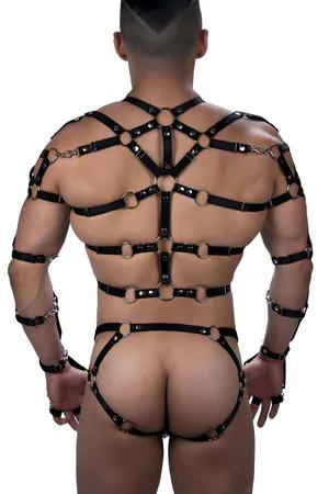 Black Faux Leather Full Body Harness with Spiked Thong Set