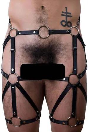 Black faux leather full body harness with O-rings and adjustable straps