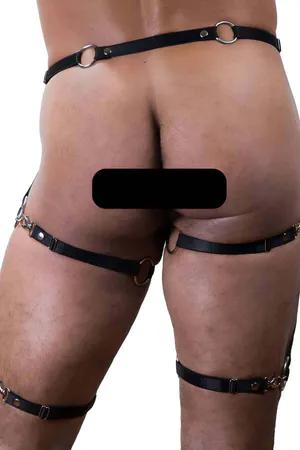 Black faux leather full body harness with O-rings and adjustable straps