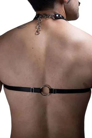 Black faux leather body harness with O-rings and silver chains