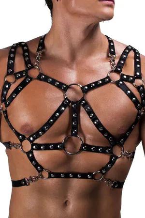 Black Faux Leather Full Body Harness with Silver Studs and O-Rings