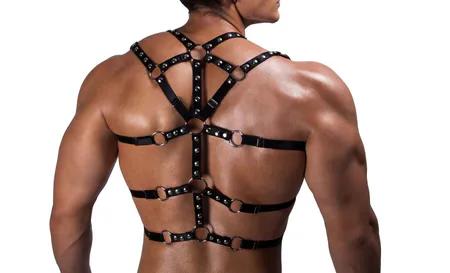 Black Faux Leather Full Body Harness with Silver Studs and O-Rings