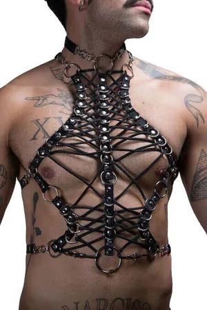 Black Faux Leather Strappy Body Harness with Choker and Chain Detail