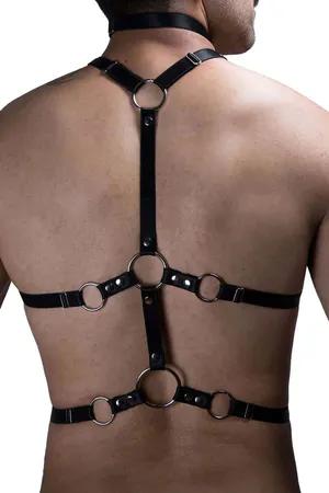 Black Faux Leather Strappy Body Harness with Choker and Chain Detail