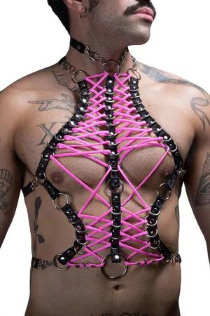 Pink laced black faux leather chest harness with O-rings
