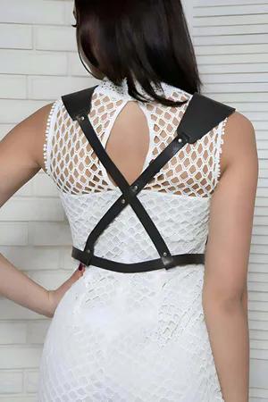 Black Faux Leather Adjustable Body Harness with Silver Buckles