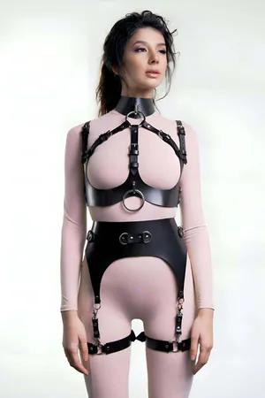 Black Faux Leather Body Harness Set Women Open Cup Chest & Garter Straps