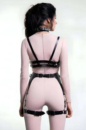 Black Faux Leather Body Harness Set Women Open Cup Chest & Garter Straps