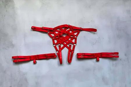 Red Strappy Body Cage Harness and Detached Leg Bands Lay Flat on Grey Background