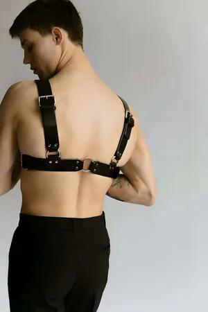 Black Faux Leather O-Ring Chest Harness with Adjustable Straps
