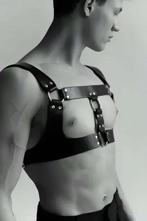 Black Faux Leather O-Ring Chest Harness with Adjustable Straps