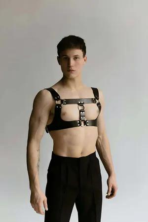 Black Faux Leather O-Ring Chest Harness with Adjustable Straps