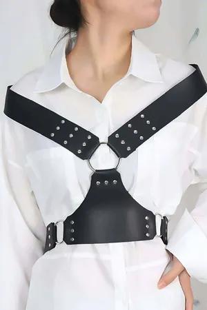 Black faux leather studded chest harness with silver O-ring detail